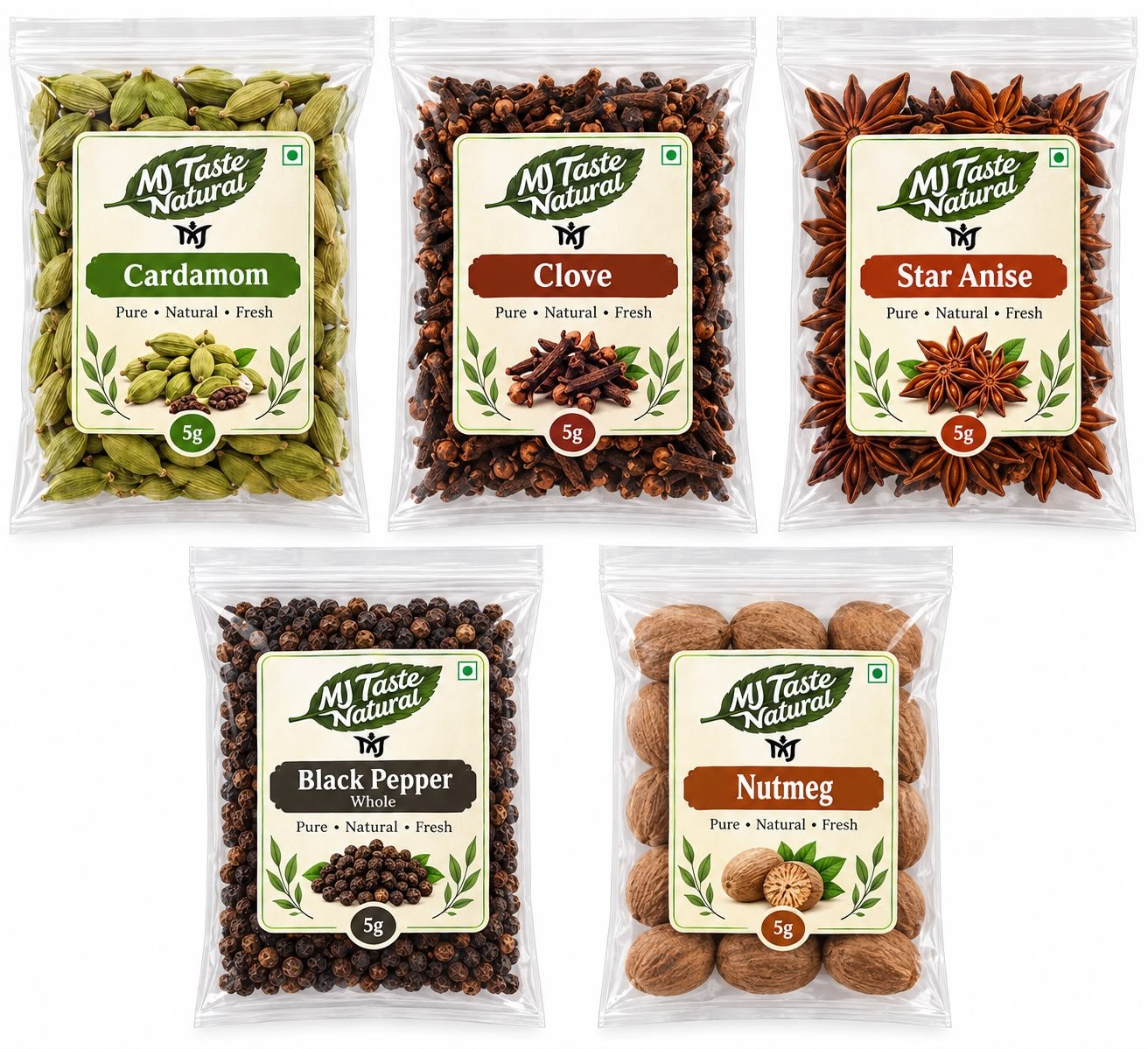 My Taste Natural Whole Spices Combo Pack of 5 | Green Cardamom, Cloves, Star Anise, Black Pepper & Nutmeg | Natural Aromatic Indian Masalas for Cooking